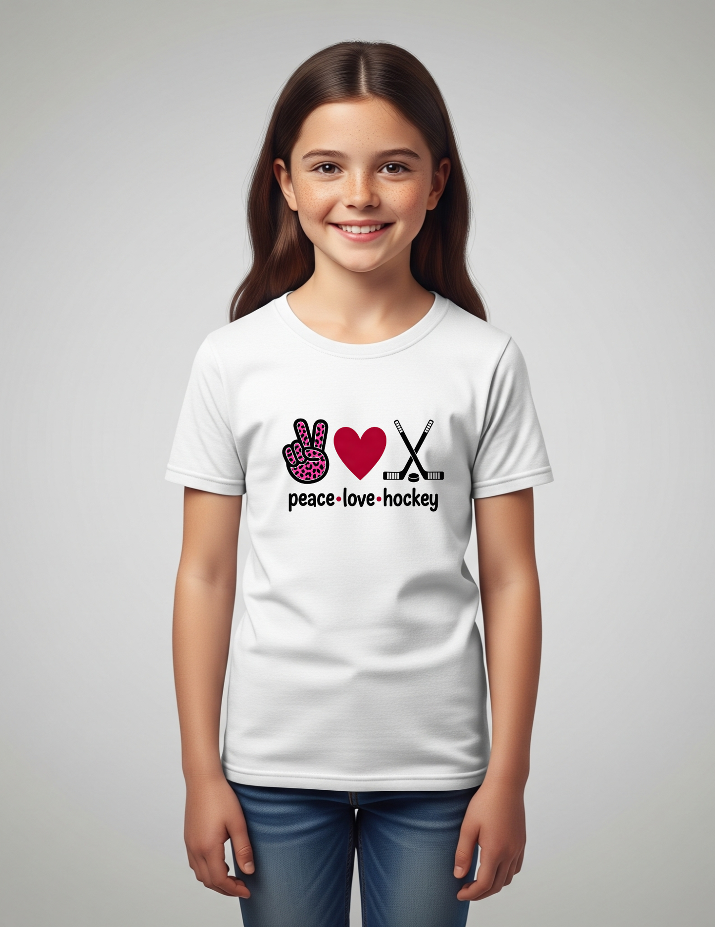 Kids Peace Love Hockey Shirt, Kids 100% Cotton Sports Tee, Girls Hockey Player Graphic T-Shirt, Hockey Team Spirit Gift, Cute Pink Leopard Hockey Wear