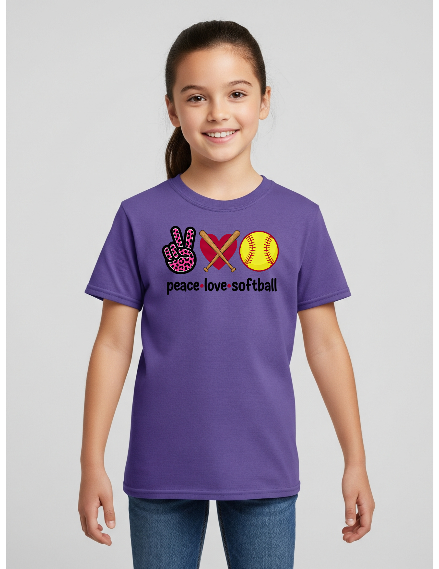 Kids Peace Love Softball Shirt, Kids 100% Cotton Sports Tee, Girls Fastpitch Softball Graphic T-Shirt, Softball Team Player Gift, Cute Leopard Print Sports Wear