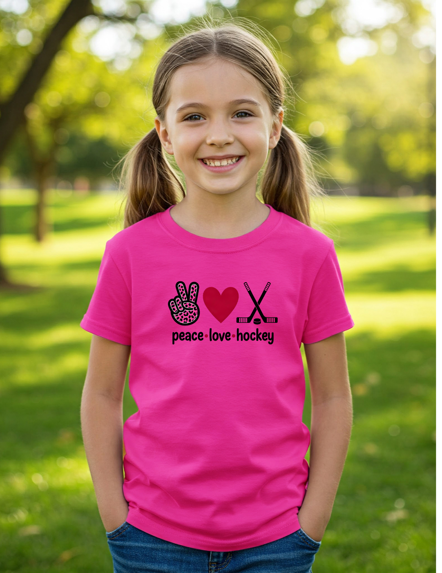 Kids Peace Love Hockey Shirt, Kids 100% Cotton Sports Tee, Girls Hockey Player Graphic T-Shirt, Hockey Team Spirit Gift, Cute Pink Leopard Hockey Wear