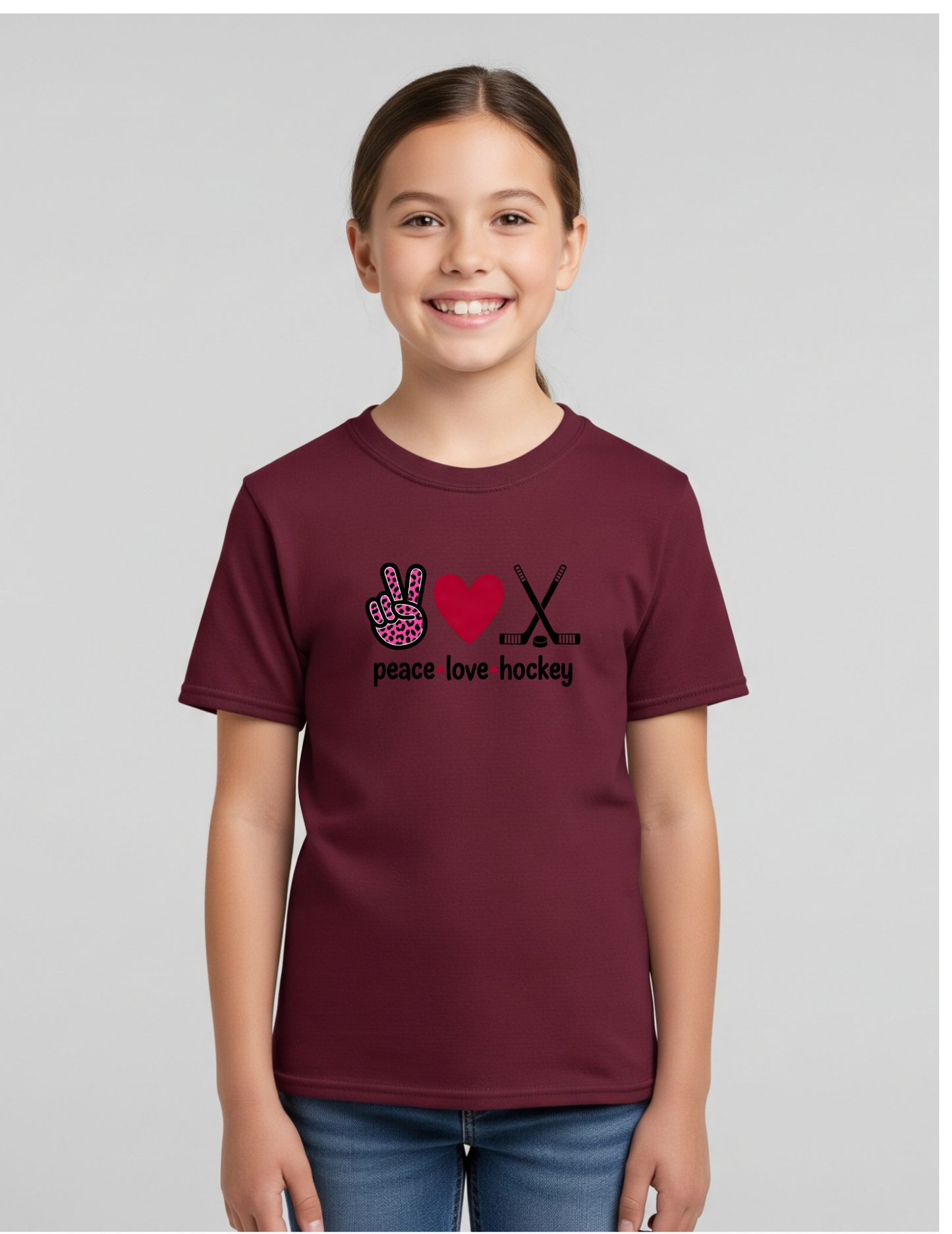 Kids Peace Love Hockey Shirt, Kids 100% Cotton Sports Tee, Girls Hockey Player Graphic T-Shirt, Hockey Team Spirit Gift, Cute Pink Leopard Hockey Wear