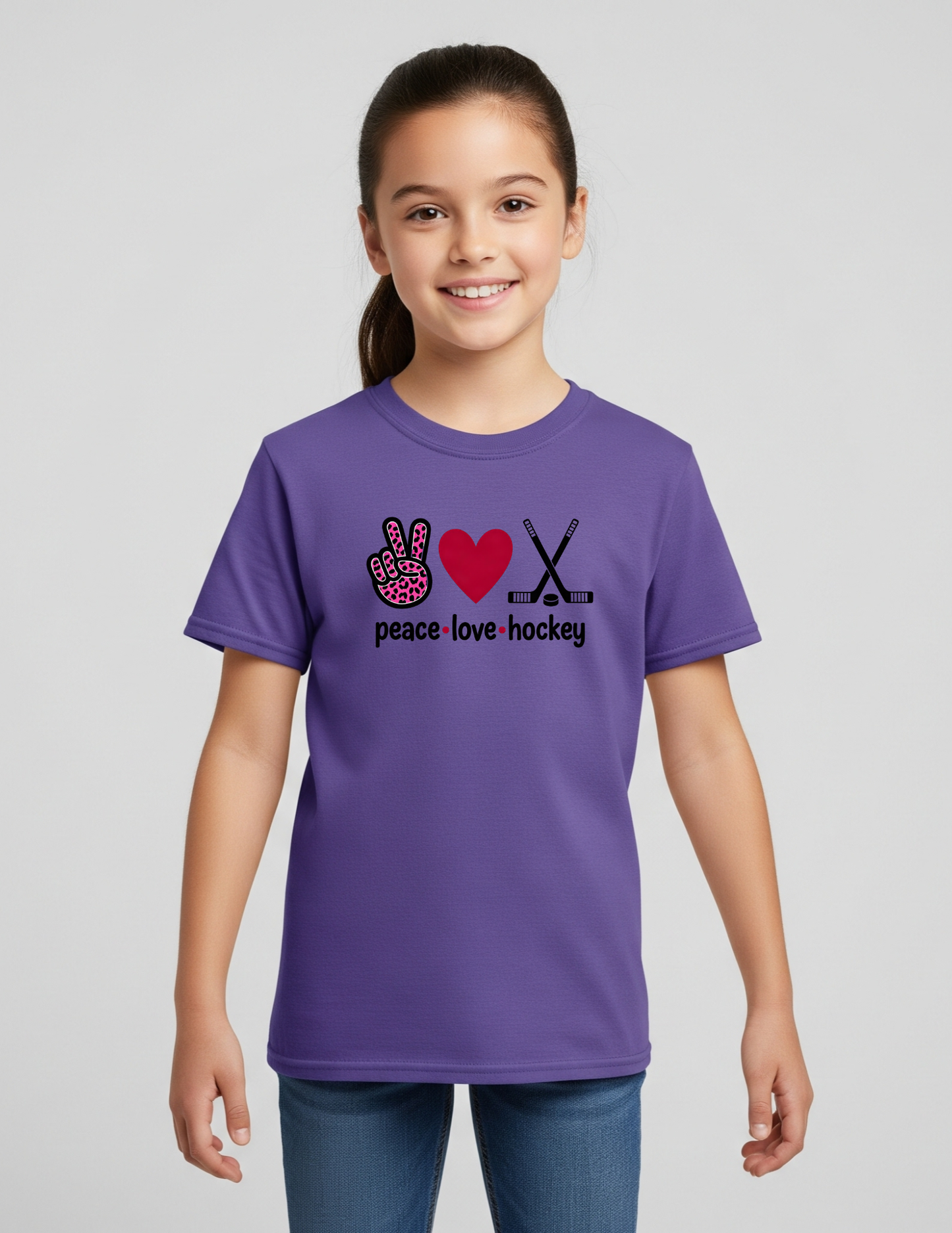 Kids Peace Love Hockey Shirt, Kids 100% Cotton Sports Tee, Girls Hockey Player Graphic T-Shirt, Hockey Team Spirit Gift, Cute Pink Leopard Hockey Wear