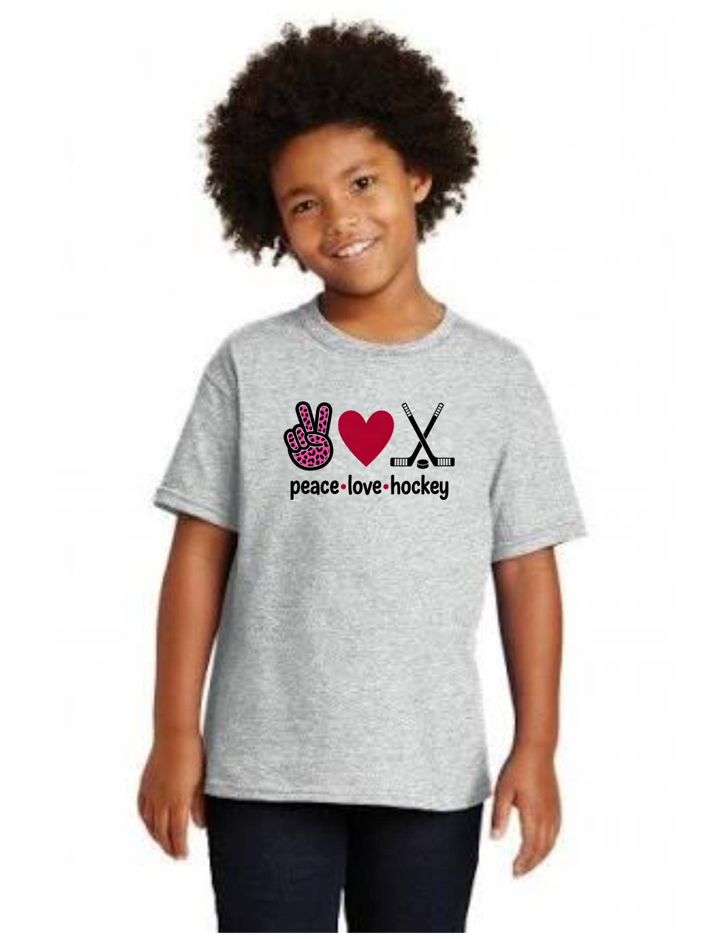 Kids Peace Love Hockey Shirt, Kids 100% Cotton Sports Tee, Girls Hockey Player Graphic T-Shirt, Hockey Team Spirit Gift, Cute Pink Leopard Hockey Wear