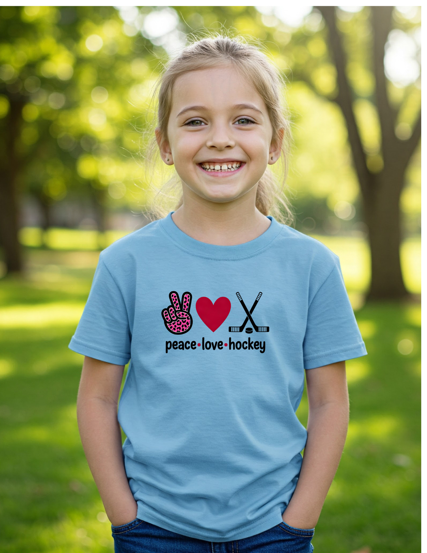 Kids Peace Love Hockey Shirt, Kids 100% Cotton Sports Tee, Girls Hockey Player Graphic T-Shirt, Hockey Team Spirit Gift, Cute Pink Leopard Hockey Wear