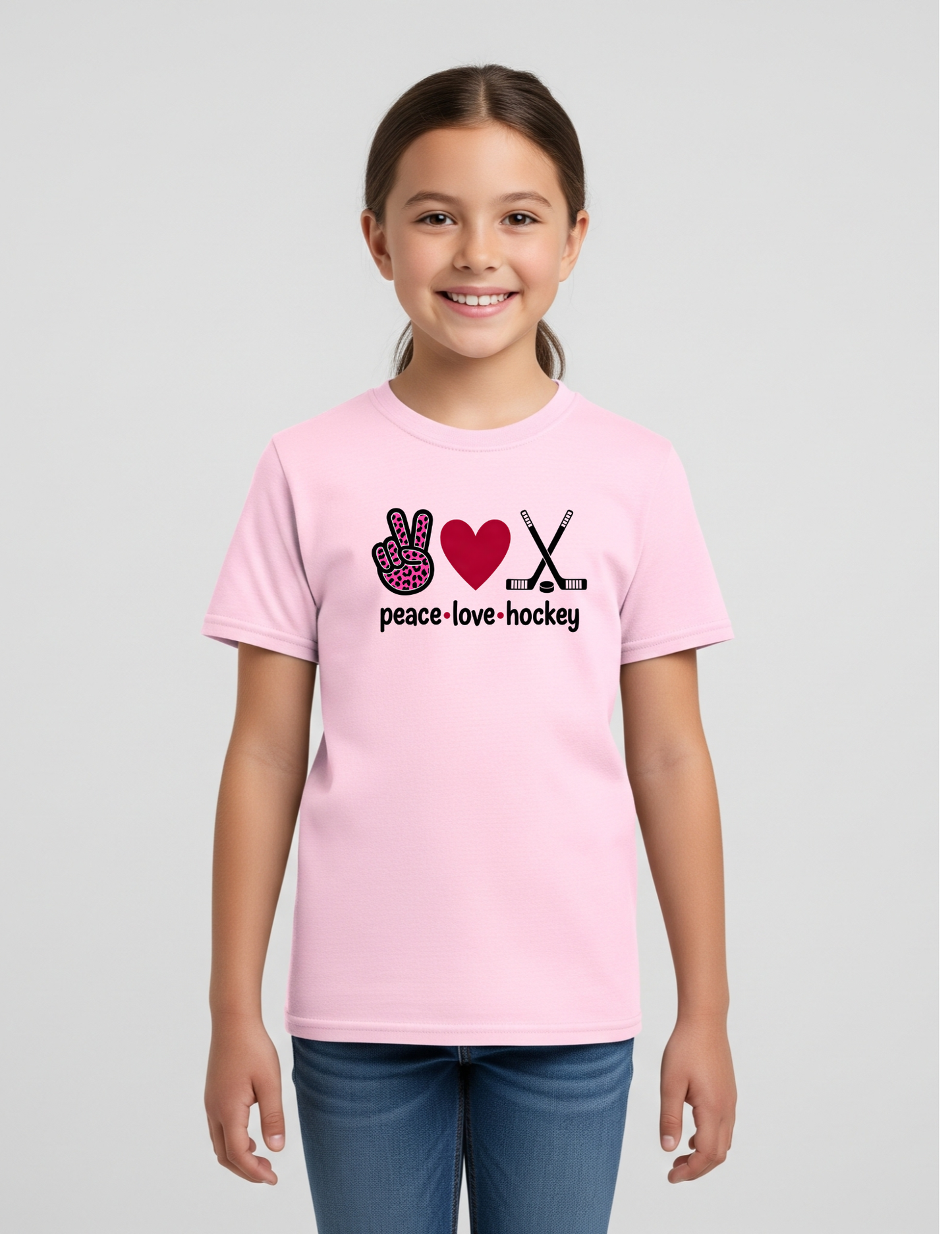 Kids Peace Love Hockey Shirt, Kids 100% Cotton Sports Tee, Girls Hockey Player Graphic T-Shirt, Hockey Team Spirit Gift, Cute Pink Leopard Hockey Wear