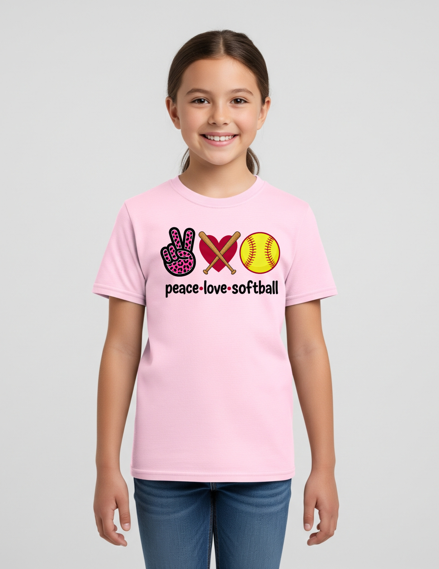Kids Peace Love Softball Shirt, Kids 100% Cotton Sports Tee, Girls Fastpitch Softball Graphic T-Shirt, Softball Team Player Gift, Cute Leopard Print Sports Wear