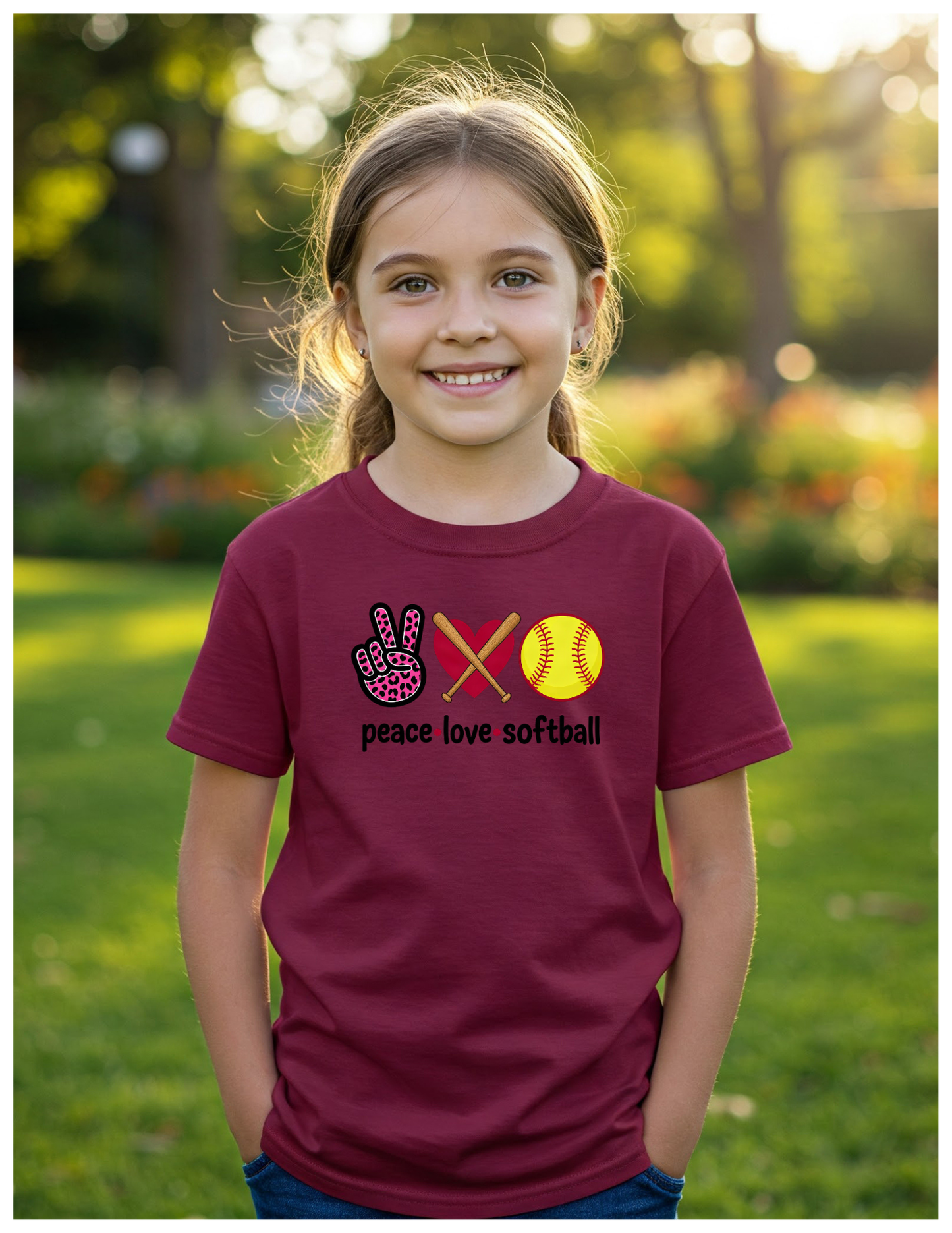Kids Peace Love Softball Shirt, Kids 100% Cotton Sports Tee, Girls Fastpitch Softball Graphic T-Shirt, Softball Team Player Gift, Cute Leopard Print Sports Wear