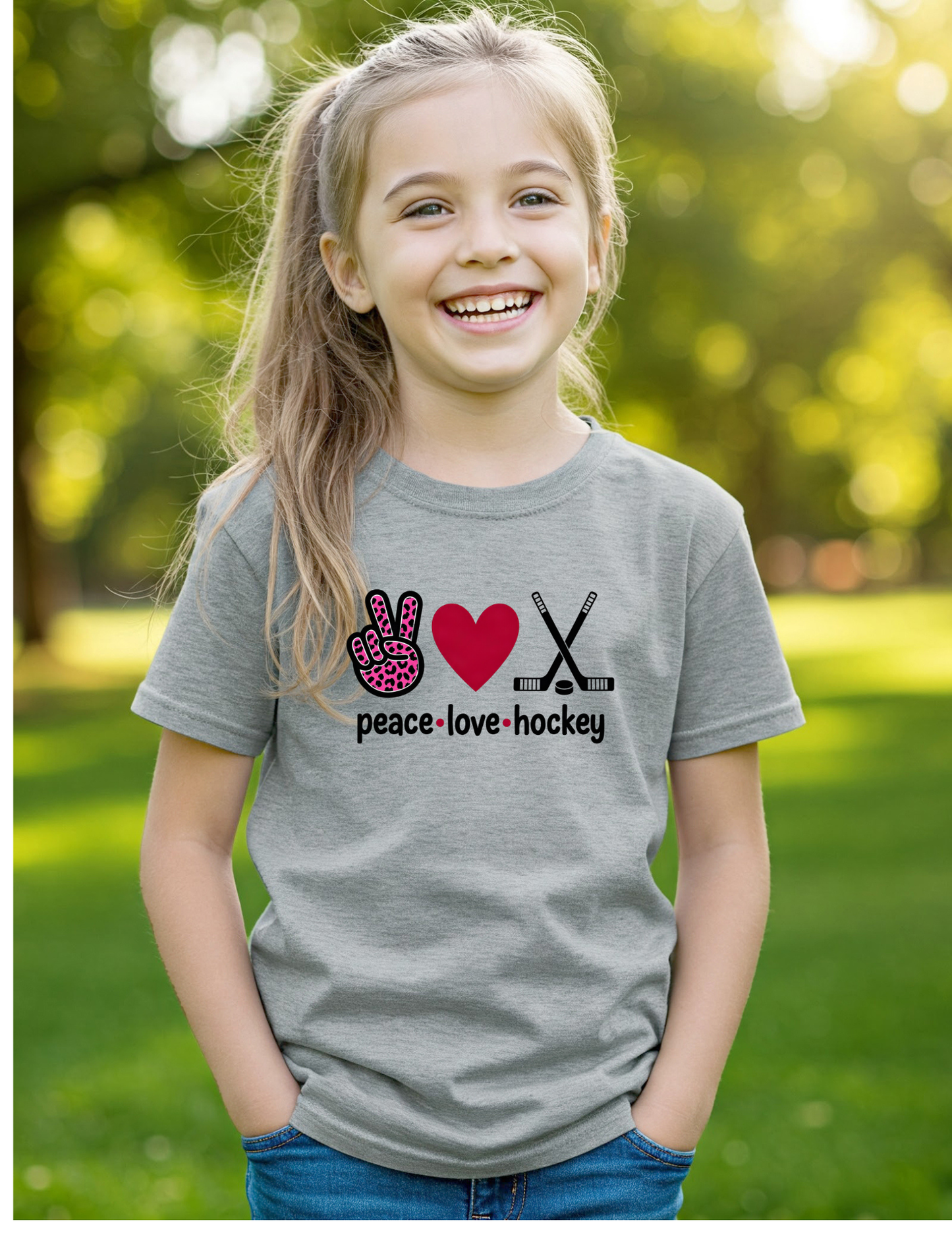 Kids Peace Love Hockey Shirt, Kids 100% Cotton Sports Tee, Girls Hockey Player Graphic T-Shirt, Hockey Team Spirit Gift, Cute Pink Leopard Hockey Wear